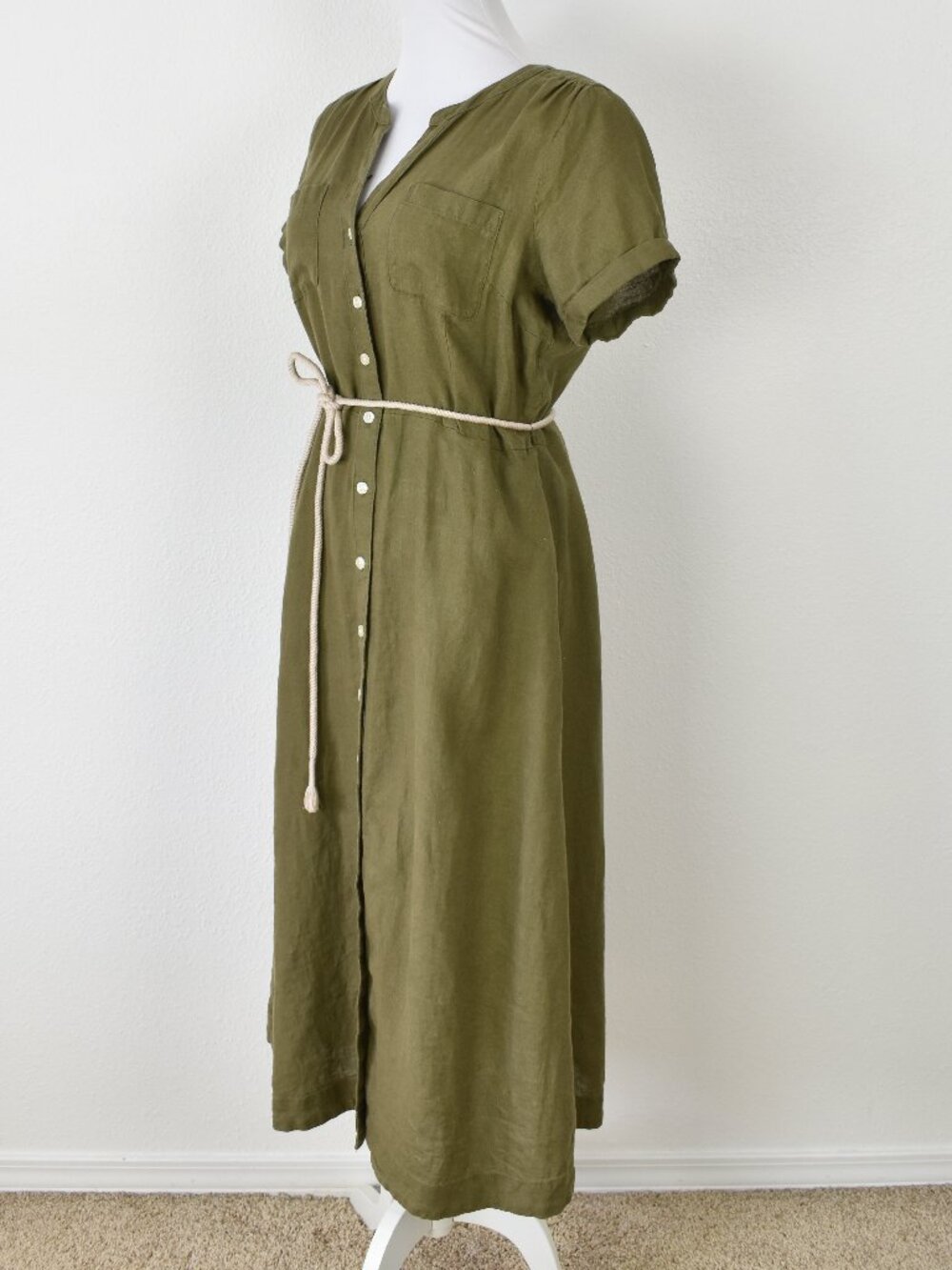 Talbots Olive Green Linen Button Down Midi Dress - 8 - Picture 7 of 9